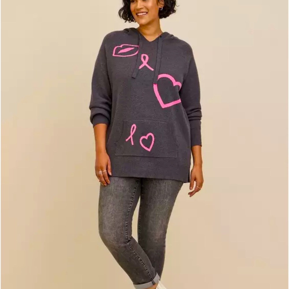 Gray Hoodie with Pink Heart and Ribbon Design